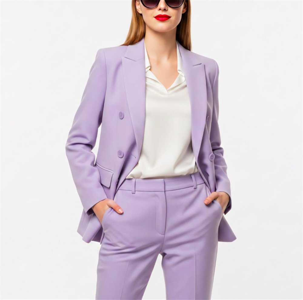 Double Breasted Blazer - Modern Kadın Takımları 2 Parça Lavanta