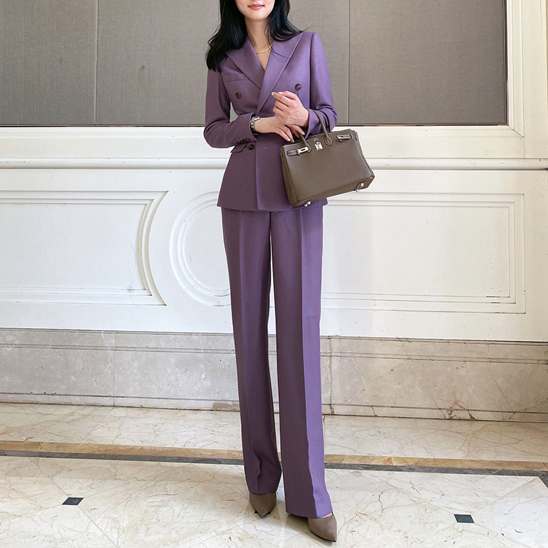 Double Breasted Blazer - Allingentle Mor Kadın Takım Elbise Pantolonlu