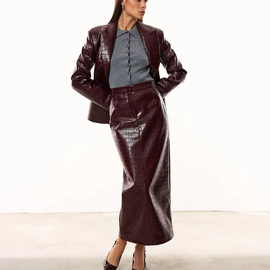 Double Breasted Blazer - IG Kadın Bordo Timsah Görünümlü Suni
