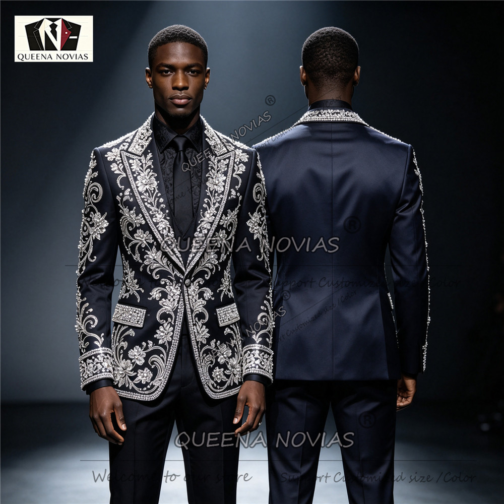 Men Formal Wear Clothes - Parıltılı Elmas İşlemeli Erkek Takım Elbise