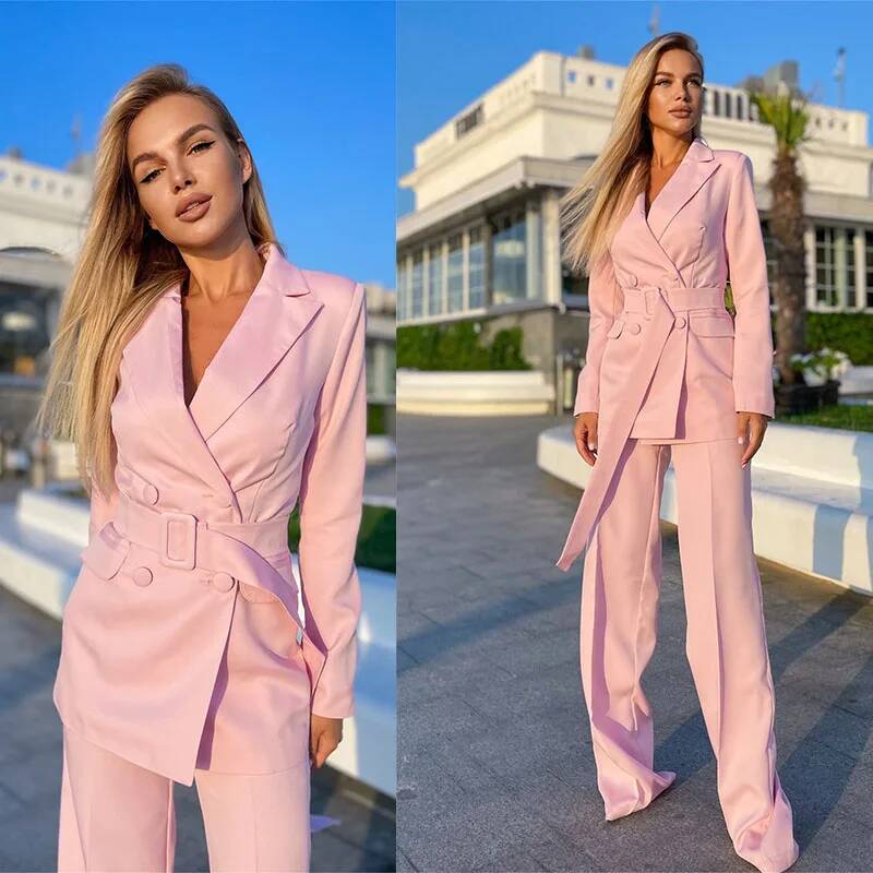 Double Breasted Blazer - Bayanlar Pembe Takım Elbise 2 Parça